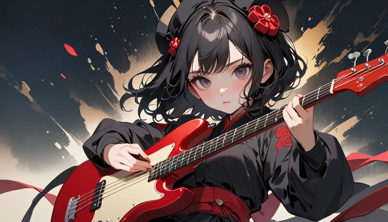 Highest quality, Katsushika Hokusai, Ink Painting, (((Playing Bass))), (((Light colored sunglasses))), (((1 girl))), (((Tattoo on face))), Japanese style headphones, beautiful girl, Black Hair, Delicate and precise, Modern ukiyo-e style, Darkness