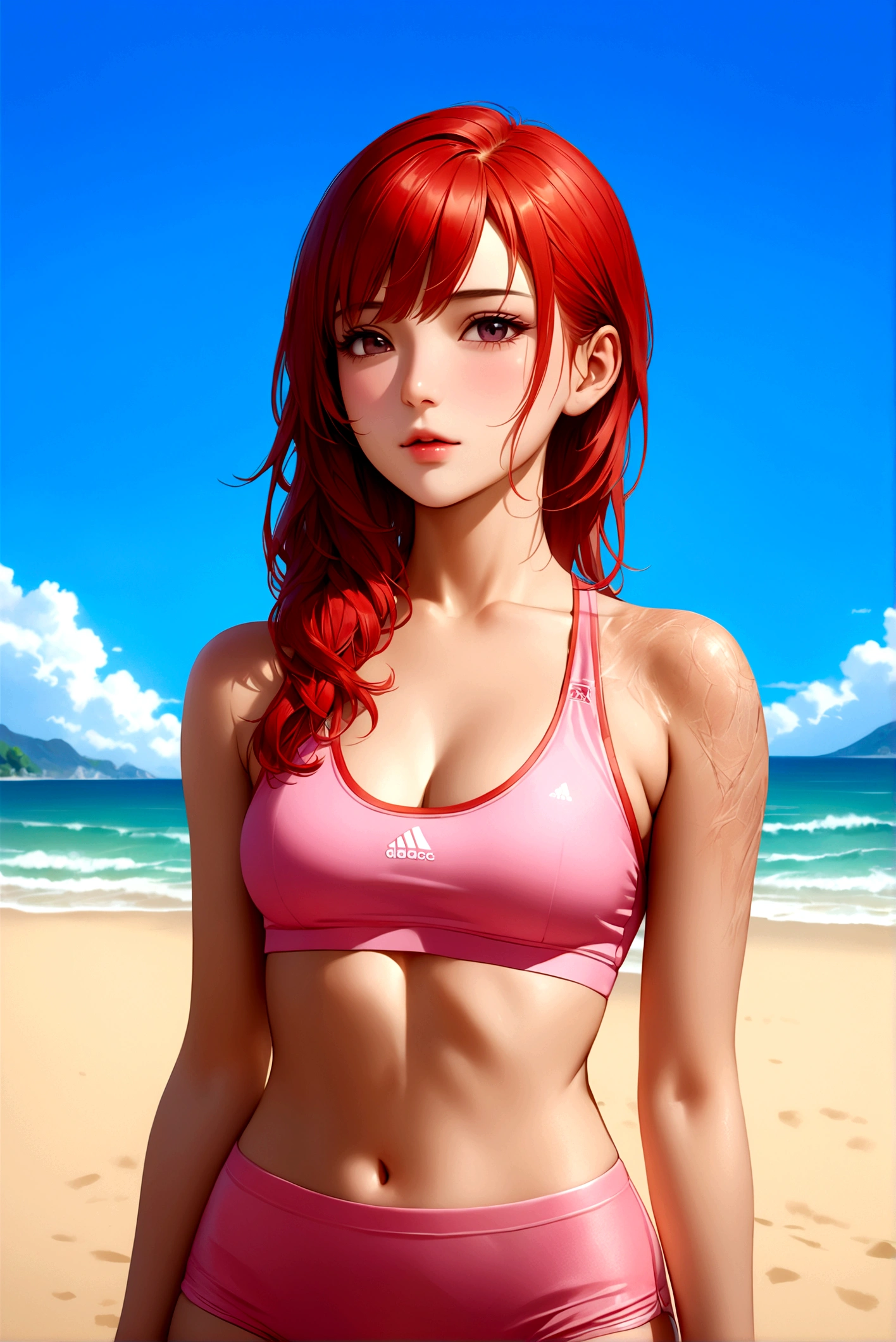 (masterpiece, best quality:1.4),(beautiful, aesthetic, perfect, delicate, intricate:1.2),8K,Ultra HD,(Anatomically correct),((Textured Skin)),(A beautiful girl:1.2),(delicate facial features),(realistic:1.3),photorealistic,intricate,hyper detailed,(perfect face),((red hair)),smooth lighting,beautiful lighting,perfect lighting,Wearing sportswear,play volleyball on the beach,smooth skin,Sexy,Nice ass