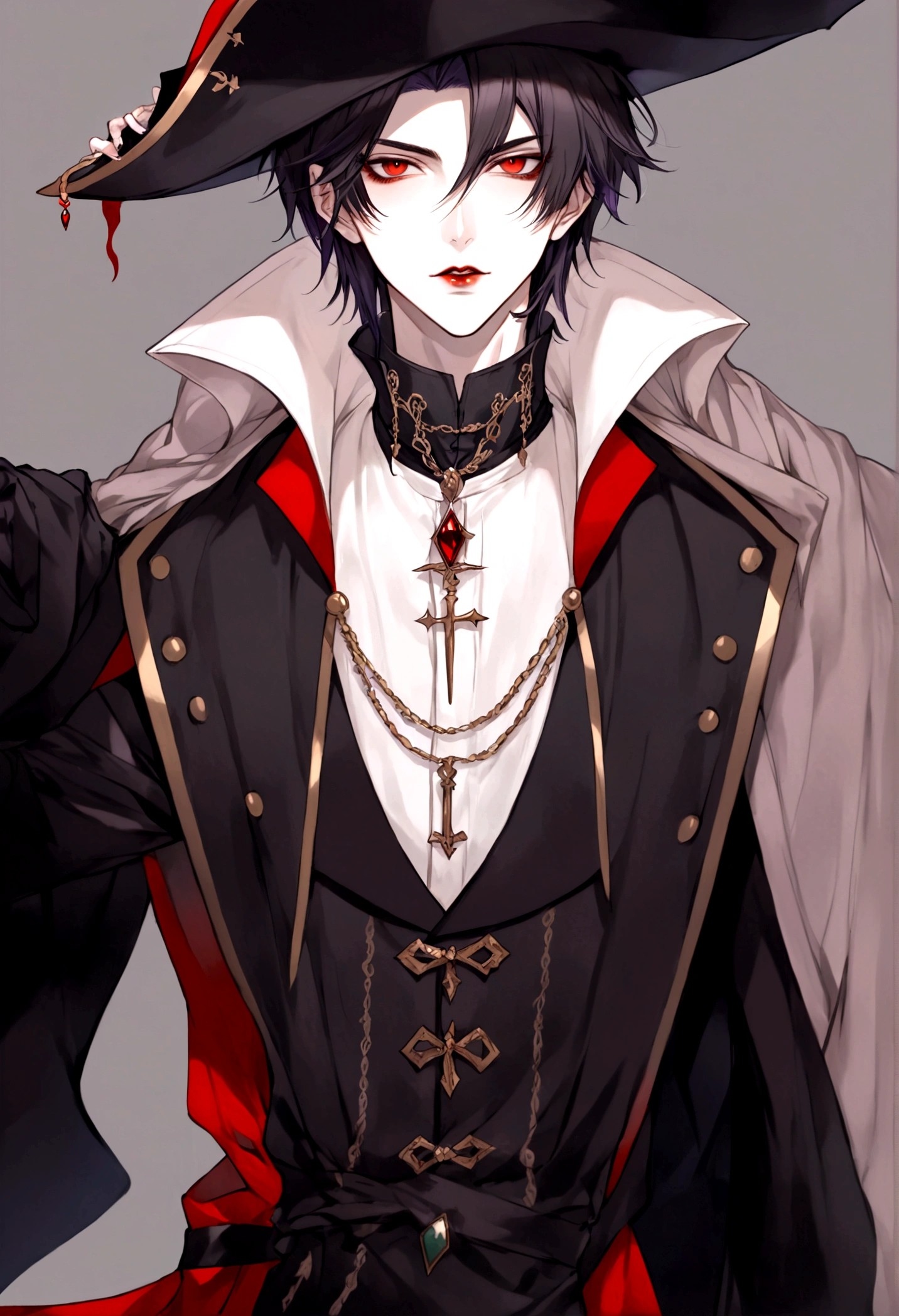 anime character dressed in pirate costume with knife in hand, vampire lord, handsome male vampire, male vampire, l vampire, ((wearing aristocrat robe)), anime vampires, androgynous vampire, beautiful androgynous prince, beautiful male god of death, male vampire of clan banu haqim, zerochan art, count dracula