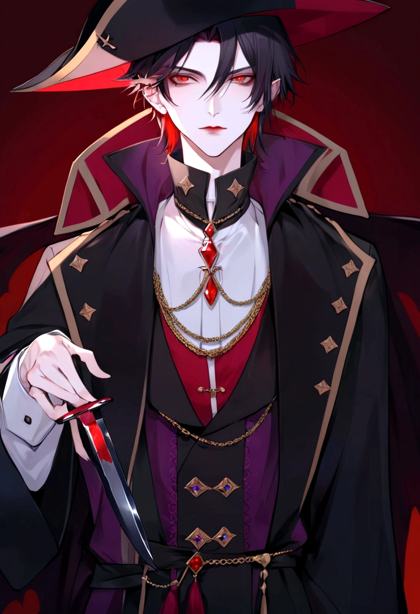 anime character dressed in pirate costume with knife in hand, vampire lord, handsome male vampire, male vampire, l vampire, ((wearing aristocrat robe)), anime vampires, androgynous vampire, beautiful androgynous prince, beautiful male god of death, male vampire of clan banu haqim, zerochan art, count dracula