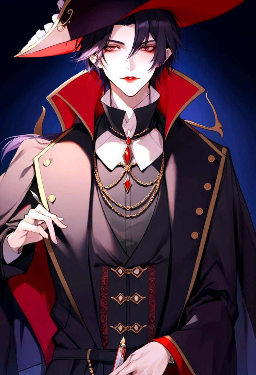 anime character dressed in pirate costume with knife in hand, vampire lord, handsome male vampire, male vampire, l vampire, ((wearing aristocrat robe)), anime vampires, androgynous vampire, beautiful androgynous prince, beautiful male god of death, male vampire of clan banu haqim, zerochan art, count dracula