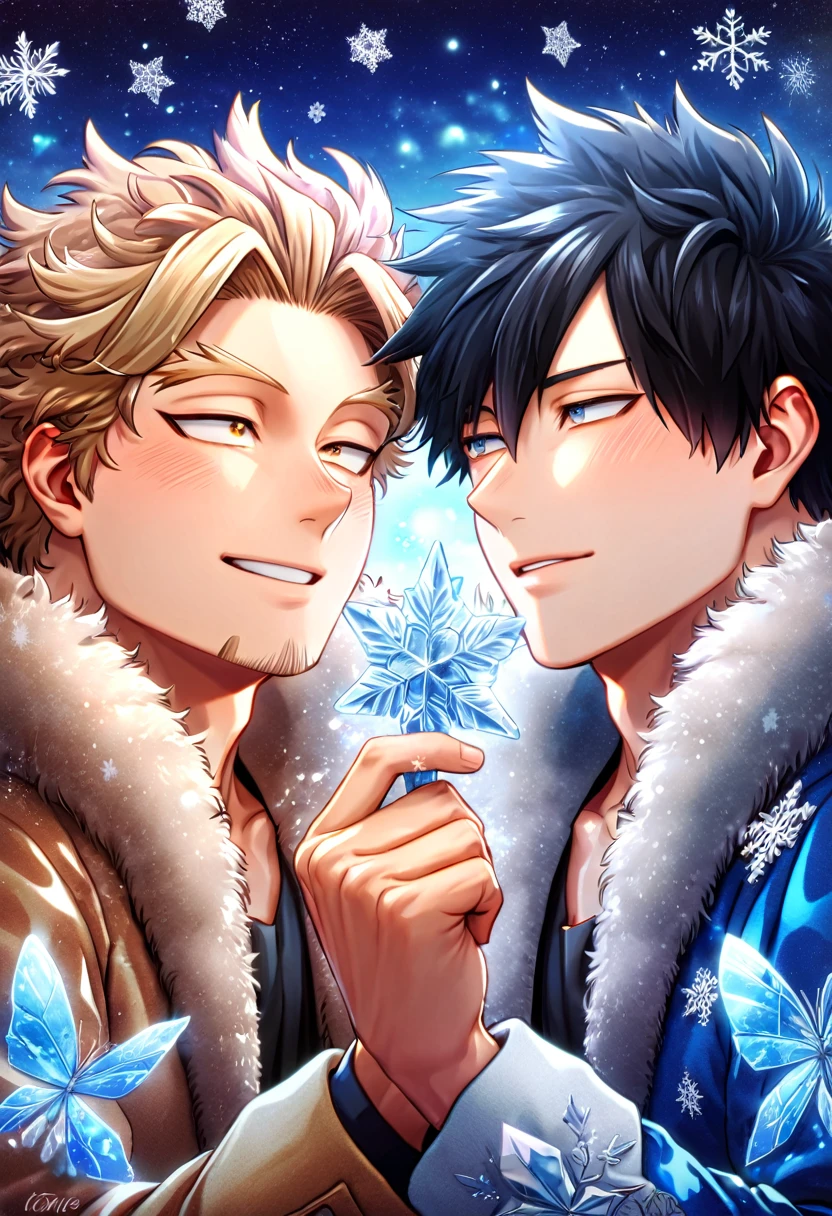 absurdres, highres, ultra detailed, HDR, master piece, best quality, extremely detailed face, delicated features, Hawks, ash blond hair, expressive brown golden eyes, Boku No Hero Academia, Gojou Satoru with black hair, expressive blue eyes, two sexy men, gay couple, yaoi, handsome, smile, blue jacket with fur, brown jacket with fur, fantasy, magical, ice, ice butterflies, snowflakes, starry night, ice style