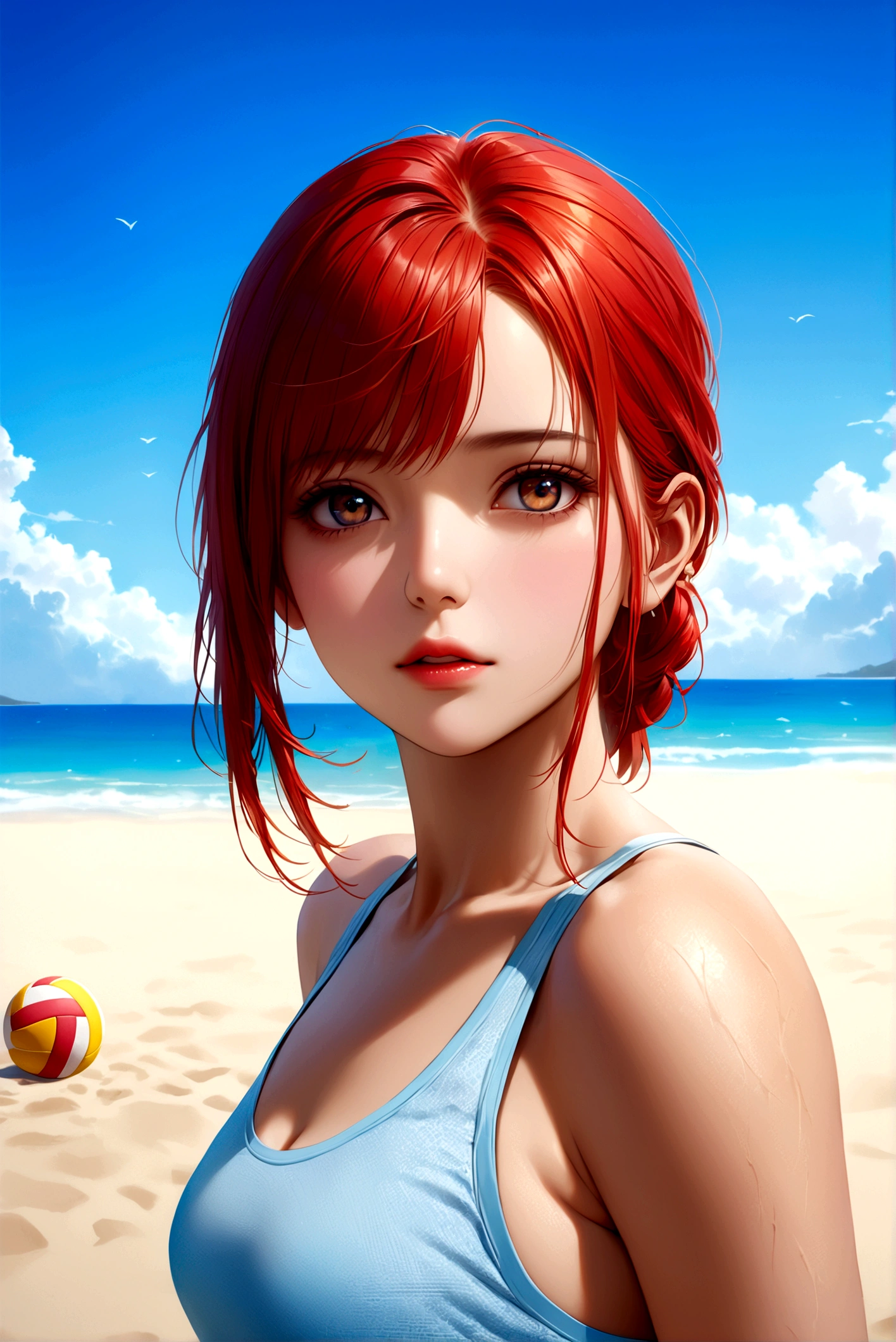 (masterpiece, best quality:1.4),(beautiful, aesthetic, perfect, delicate, intricate:1.2),8K,Ultra HD,(Anatomically correct),((Textured Skin)),(A beautiful girl:1.2),(delicate facial features),(realistic:1.3),photorealistic,intricate,hyper detailed,(perfect face),((red hair)),smooth lighting,beautiful lighting,perfect lighting,Wearing sportswear,play volleyball on the beach,smooth skin,Sexy,Nice ass