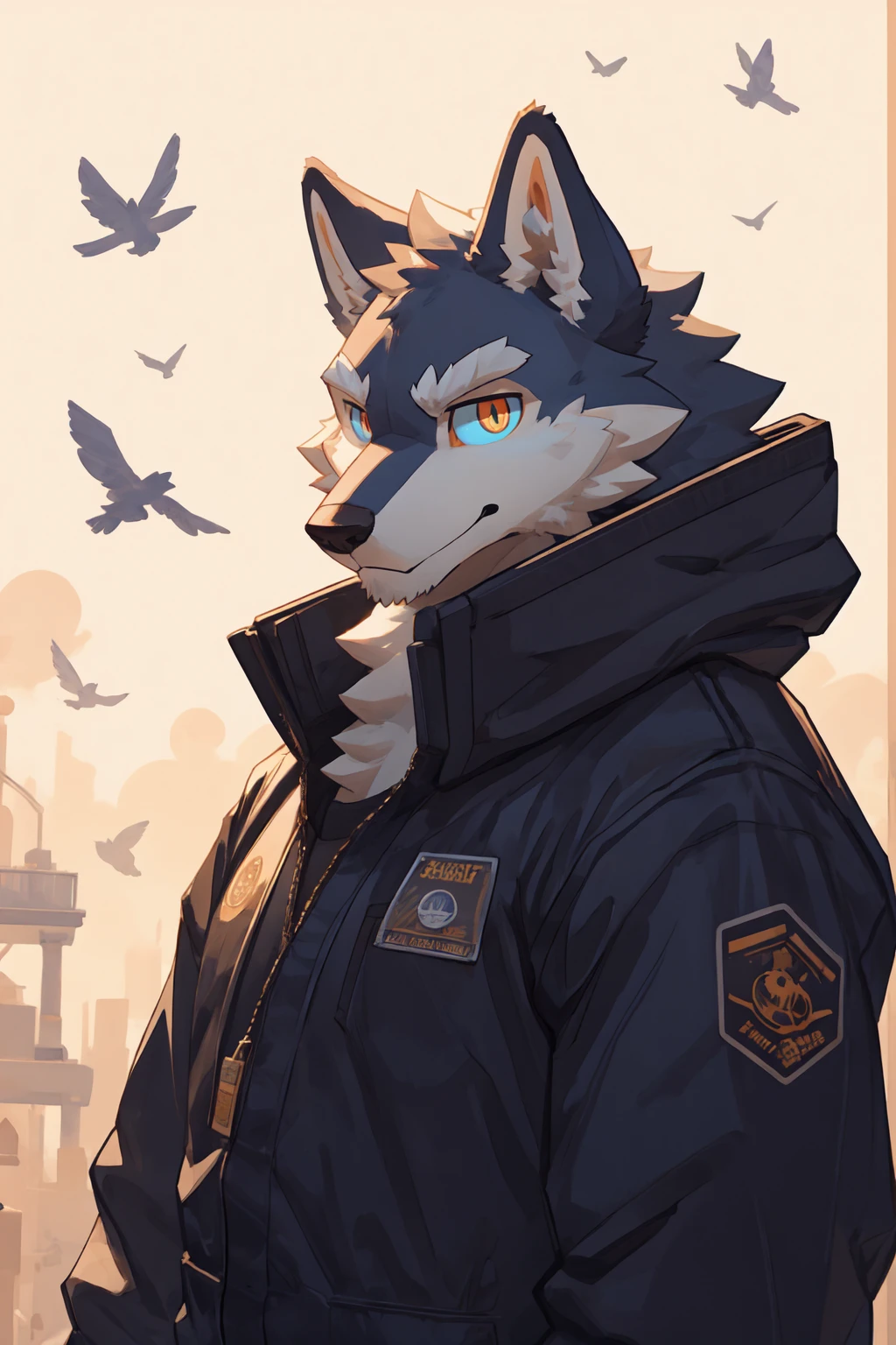 Best quality, Professional, Vivid Colors, Cinematic light, full body, wolf, Muscular male, kemono, by bigcozyorca, Solo, grey Fur, white body, golden eyes, pectorals, (detailed face, detailed eyes:1.5), looking at viewer, workwear brown spacesuit, besides space observation deck, smirking, fierce eyes, Ambient Light, detailed shadow, simple background,