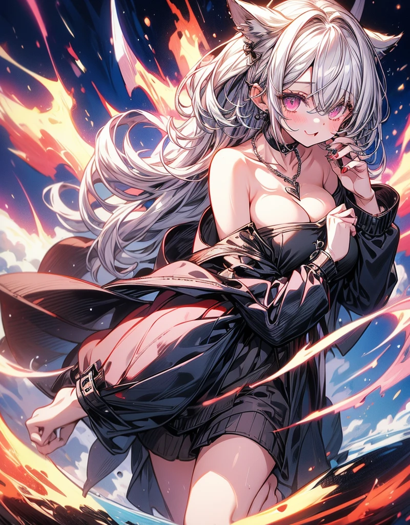 (Highest quality、High resolution、8K、masterpiece:1.2)。Look away、Open your mouth、Pink Eyes、Silver Hair、Heart shaped pupil、teeth、tongue、tongueを出す、（Original Character, (1 Girl)、Perfect Face、((short hair:1.2))、(Hair above one eye:1.3)、[[Disheveled Hair]]、Colorful Hair、Detailed eyes that shine、Light and shadow、Glowing Skin、 (Curvy but slim), ((High angle shot))、Sexy look、Use something sexy、（background：Mountain、岩Mountain、forest、nature）Full body、bracelet、necklace、Wild child、Wild childスタイル、Disheveled clothes、sunglasses、Follow the Silver Wolf、Tarzan、natureで育った、
