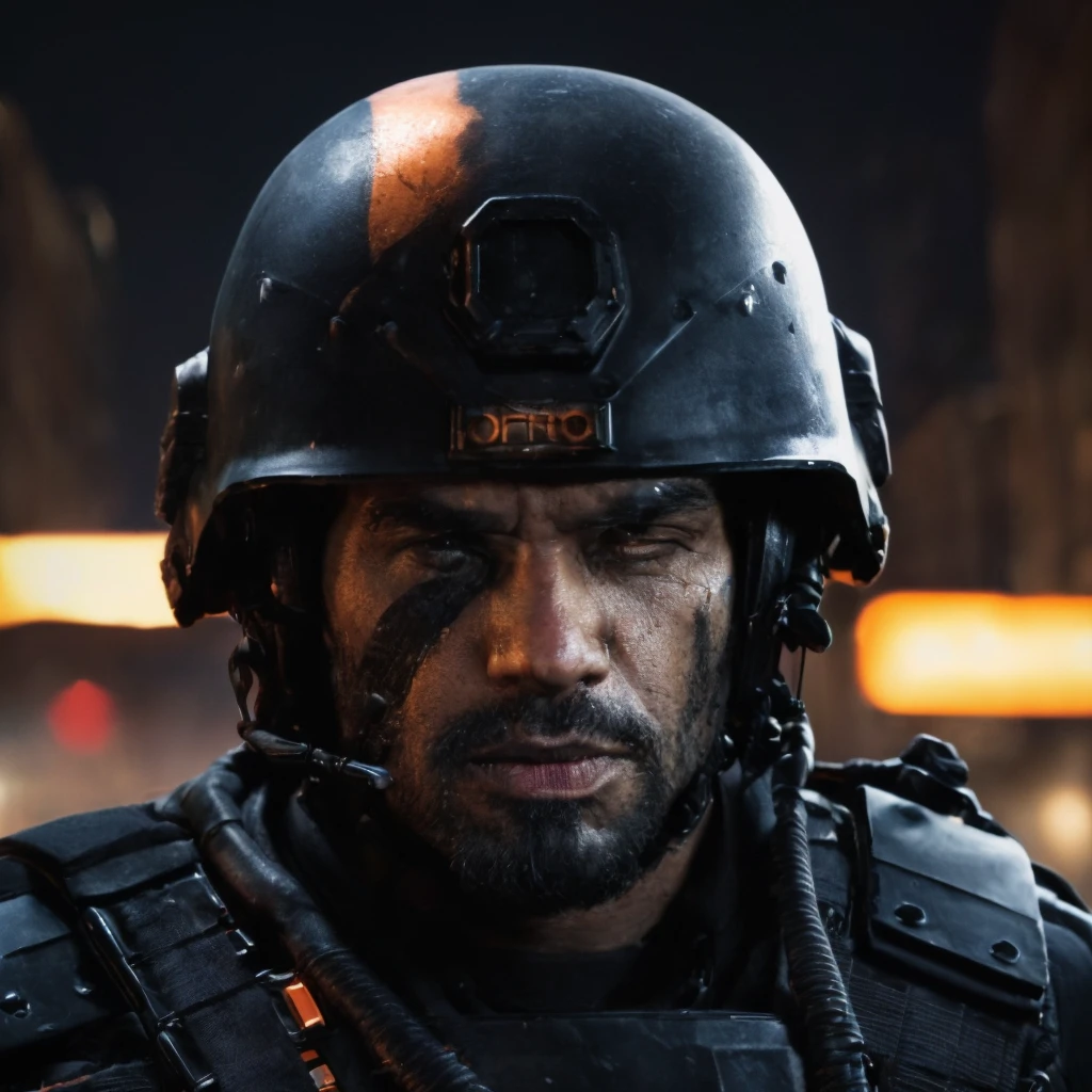 Prompt: (masterpiece)+, (extremely (realistic)+,a portrait of an extremely ugly Massive Militant police commando. Cyberpunk. Full face helmet. armor face mask. dressed in a black and orange military gear. Smug stare. Front photo. Looking in camera. volumetrics dtx, Photorealistic, ultra detailed, Artstation trending, very very detailed, realistic shaded lighting, dynamic shadows, detailed Night riot streets background, upper body, professional photograph of a detailed skin, sharp focus, dramatic, award winning, cinematic lighting, octane render, unreal engine, volumetrics dtx, Photorealistic, ultra detailed, Artstation trending, very very detailed, hyperrealistic, fine details, realistic shaded lighting, dynamic shadows, Night riot streets background, add_detail:1, skin pores and wrinkles, details.,More Reasonable Details