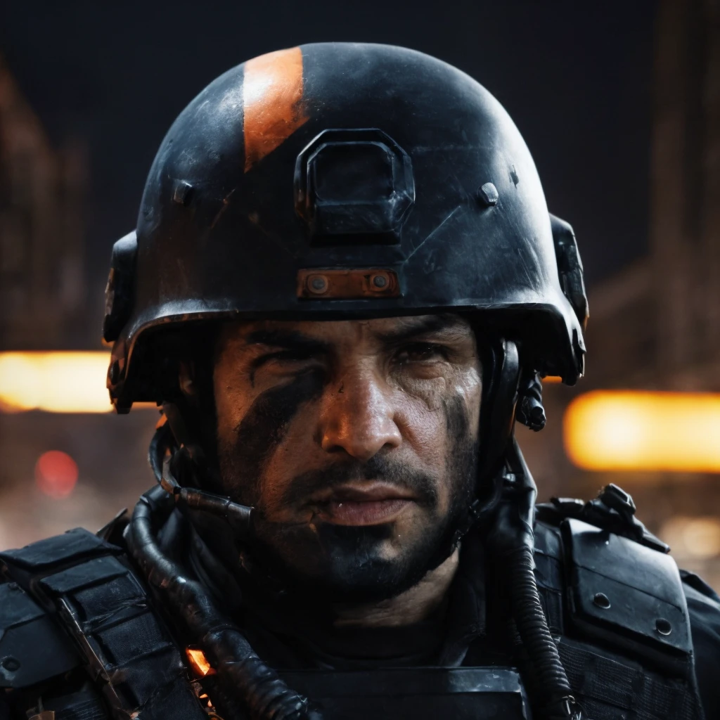 Prompt: (masterpiece)+, (extremely (realistic)+,a portrait of an extremely ugly Massive Militant police commando. Cyberpunk. Full face helmet. armor face mask. dressed in a black and orange military gear. Smug stare. Front photo. Looking in camera. volumetrics dtx, Photorealistic, ultra detailed, Artstation trending, very very detailed, realistic shaded lighting, dynamic shadows, detailed Night riot streets background, upper body, professional photograph of a detailed skin, sharp focus, dramatic, award winning, cinematic lighting, octane render, unreal engine, volumetrics dtx, Photorealistic, ultra detailed, Artstation trending, very very detailed, hyperrealistic, fine details, realistic shaded lighting, dynamic shadows, Night riot streets background, add_detail:1, skin pores and wrinkles, details.,More Reasonable Details