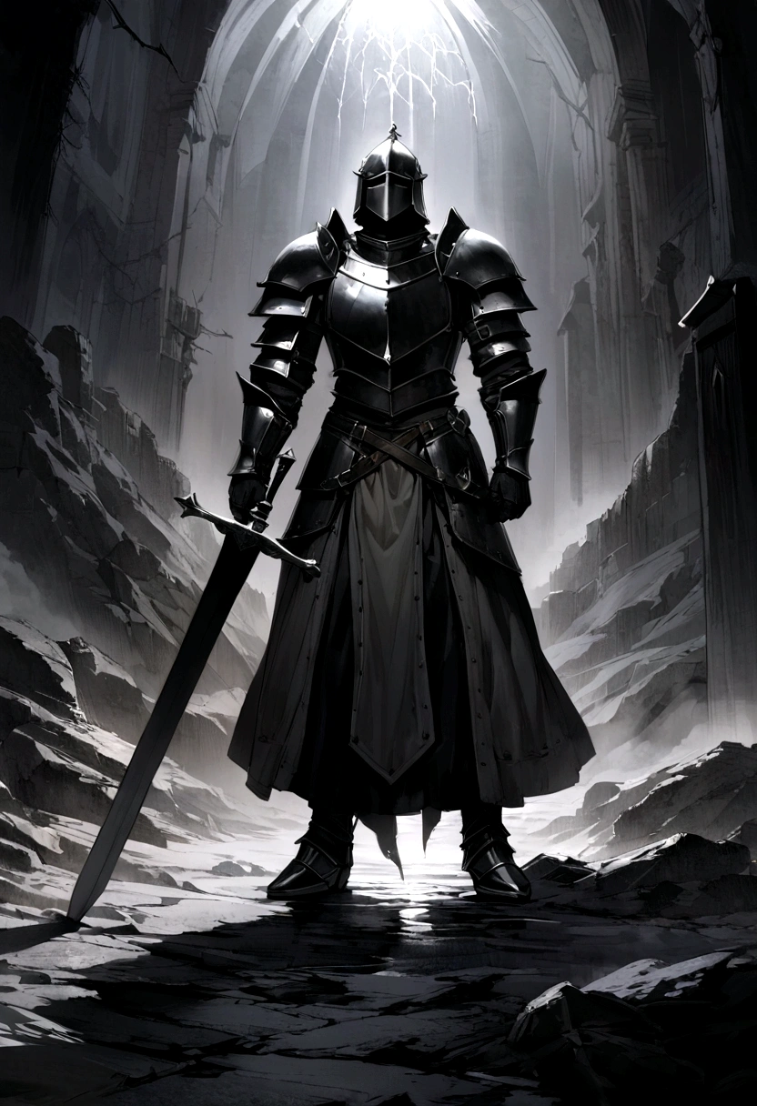 `A highly detailed, ultra-realistic scene of a medieval knight standing 5 meters away, facing forward. The knight wears a black, intricately detailed armor showing battle wear. He stands with his longsword embedded in the ground, both hands gripping the hilt firmly. The setting is a dark, stormy night, with heavy shadows obscuring his face and body, adding a sense of mystery. Lightning bolts cut through the sky, illuminating the scene sporadically, casting reflections on the knight's armor. The ground is rocky and barren, enhancing the desolate and ominous atmosphere. Focus on dramatic lighting and shadow play to emphasize the somber mood. The knight's expression should convey determination and power, even if partially hidden by shadows.`