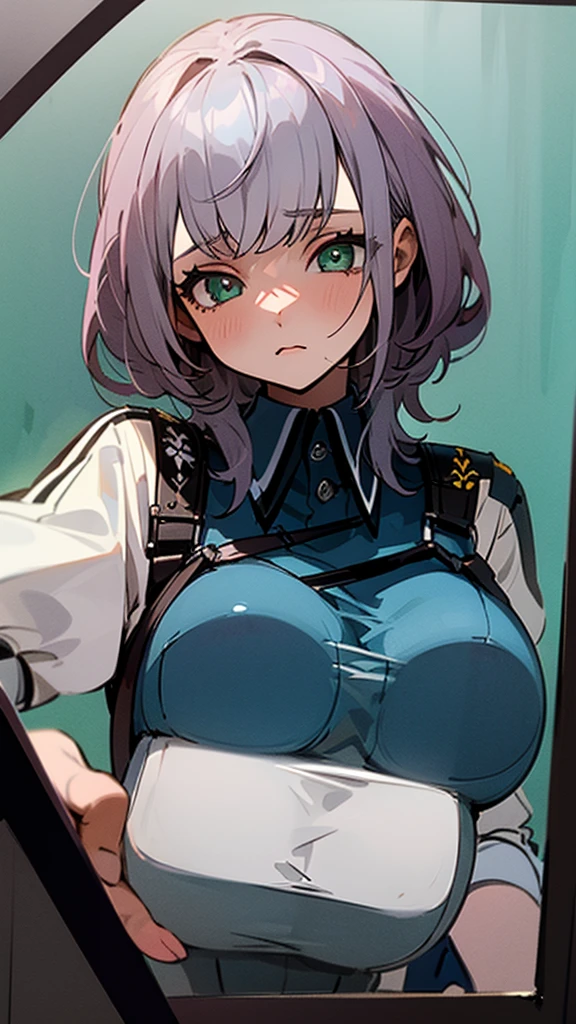 POV, 1girl, embarrassed, against glass, breasts on glass, breast press, solo,  sigh,huge breasts, ((best quality,masterpiece,beautiful detailed eyes,highly detailed skin)),((2D, chibi anime ,illustration)), upper body