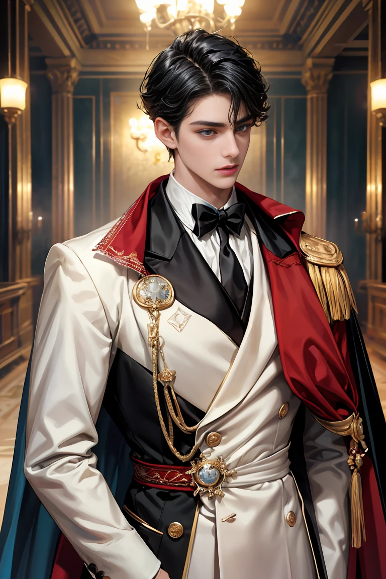 
masterpiece, 最high quality, high quality, 1 boy, alone, Male focus, Watching the audience,  Messy black hair, Adorable big blue eyes, White, Noble, Noble, Tuxedo、A very voluminous, large, very large, very large, long, long red and black cape made with a lot of fabric that reaches down to the floor, with a three-dimensional stand-up collar that is higher than the face., ,Cute beautiful boys,Cute, cute, kind, handsome guy