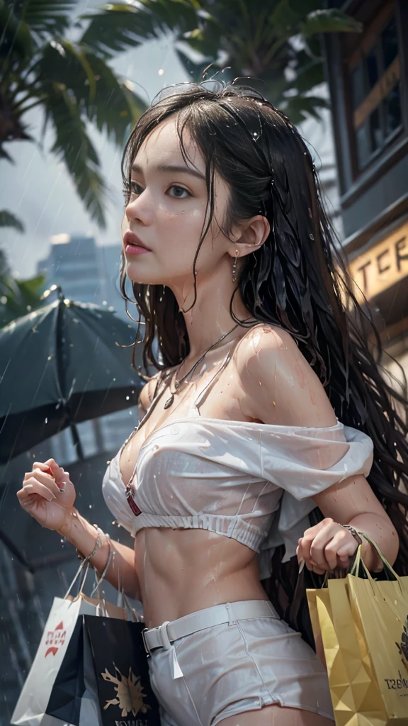 ((low angle shot:1.5)), (photoreal:1.4, 8K, best quality:1.3, masterpiece, ultra high resolution), ((typhoon heavy rain)), Highly detailed skin and face textures:1.3, Complete dynamic configuration:1.2, (modern city at night, In front of the supermarket at night, expression of sadness:0.7), (Go up the stairs:0.7, See just below:0.7), slim office lady wet in the rain:1.2, fair skin:1.2, ???? beauty:1.1, perfect style:1.1, beautiful and aesthetic:1.1, very beautiful face:1.2, water droplets on skin, (Rain pours all over my body:1.2, wet body:1.2, wet hair:1.3), (carrying wet shopping bags:1.2, How to Properly Wear Wet Casual Clothes:1.3), belt, (medium ?????, The bra is see-through, ????? gap),  (Big eyes that exude beautiful ?????????:0.8, adult charm:0.8, Bewitching:0.8), necklace, earring, bracelet, wedding ring, Highly detailed and accurate hand and finger representations
