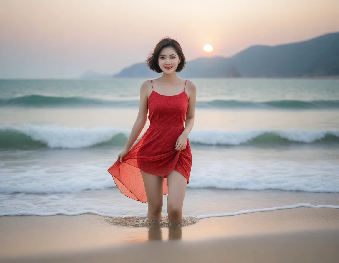 8K, sunset red sun on the beach,A strong lingering scent is reflected in the sea., Beautiful 36-year-old short Korean woman, Chest size 34 inches, Wear sleeveless, light and short skirt. beautiful pretty woman look , wearing a light skirt , Go far into the sea water and dip your toes., Short medium hair blowing in the wind, 1 woman, beautiful eyes, a little smile, Full-body photo taken from afar with a wide-angle lens, Danang Beach in Vietnam with clean and perfect background, the waves are coming, The picture quality is very clear and clear
