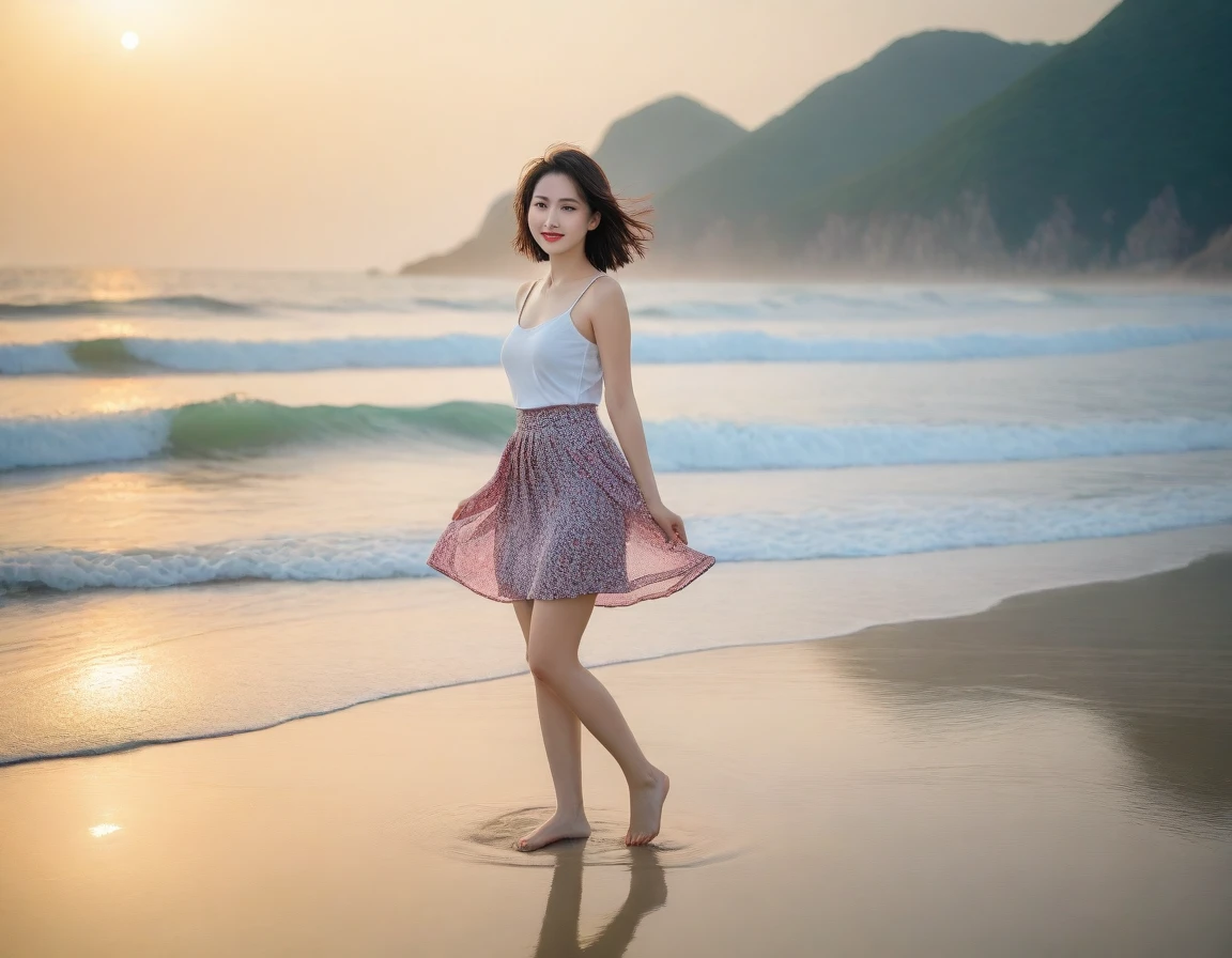 8K, sunset red sun on the beach,A strong lingering scent is reflected in the sea., Beautiful 36-year-old short Korean woman, Chest size 34 inches, Wear sleeveless, light and short skirt. beautiful pretty woman look , wearing a light skirt , Go far into the sea water and dip your toes., Short medium hair blowing in the wind, 1 woman, beautiful eyes, a little smile, Full-body photo taken from afar with a wide-angle lens, Danang Beach in Vietnam with clean and perfect background, the waves are coming, The picture quality is very clear and clear