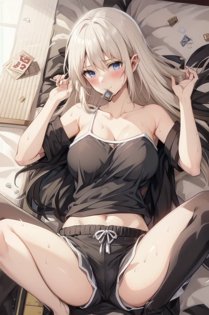 platinum hair,,long hair,blue eyes,pointy ears,elf,tall,((top tank,shorts)),(((blush,sensual,tempting))),blush,wet,sweat,on the bed,