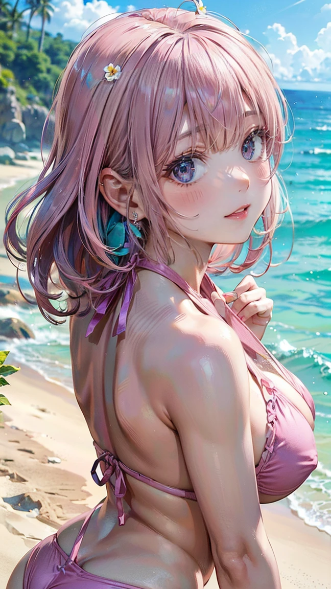 (Masterpiece, BestQuality:1.3), (ultra detailed:1.2), (hyperrealistic:1.3), (RAW photo:1.2), High detail RAW color photo, professional photograph, (Photorealistic:1.4), (realistic:1.4), (Pink Hair:1.5), professional lighting, perfect anatomy, (Big Breasts:1.2), (blush, detailed face), (A happy smile:1.7), sexly, erotic sexly, Random sexy gravure poses, (Beautiful woman wearing a lavender halter bikini、Looking back at the beach、Turquoise Earrings、Pose with one leg raised。:1.3)