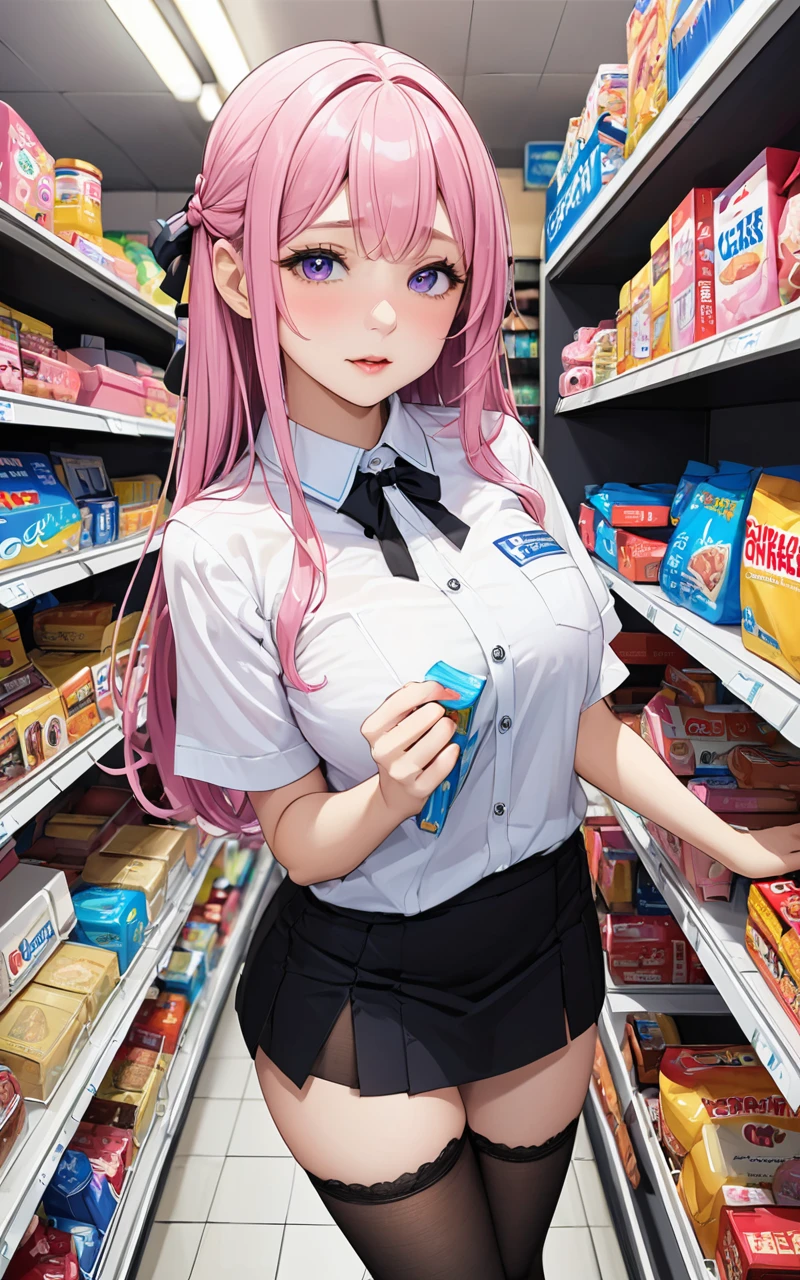 Highest quality、super high quality、16K, Delicious breasts、Facial expressions are random、The place is a convenience store、 Her hair color is pink、The pose is of a girl stocking shelves at a convenience store.、The distance is random、Angles are random、Small face、Very delicate facial expressions、Delicate eye depiction、Highly detailed hair、Erotic、18-year-old female、Glowing Skin、Soft Skin、The only sexy Japanese woman、The clothes are random convenience store clerks、1 female、
