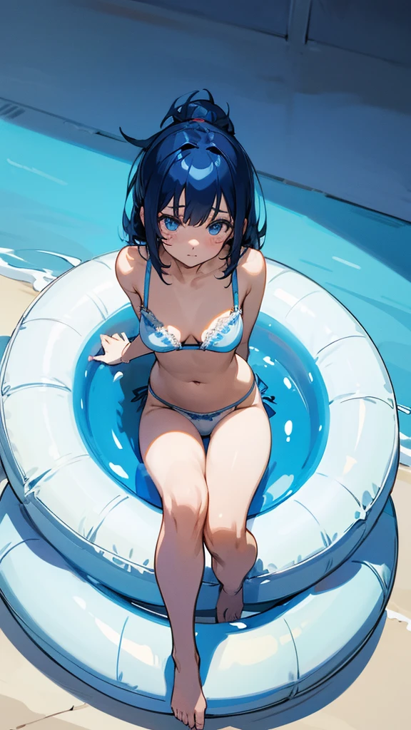 Anime girl wearing dark blue hair wearing whote bra and white panties sitting on a floatie full body and white screen her eyes are blue