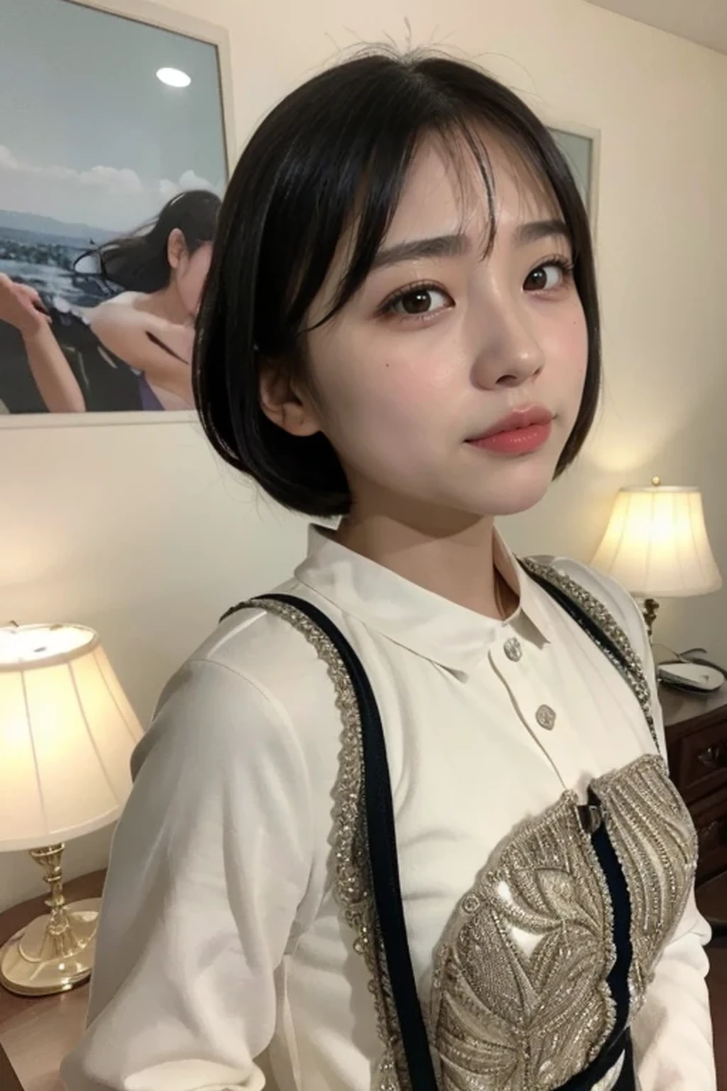 (photorealistic:1.2), 1 young female, (beautiful face:1.2), (no makeup face:1.3), break, (full body shot:1.5), break, indoor, bedroom, (dynamic angle:1.1), from side, break, photo of young Japanese female, (14 years old:1.4), detailed pores and skin lines, break, happy, very fine eyes, break, (small breasts:0.5), black eyes, black hair, short cut hair, break, (eyes and faces with detailed:1.0), break, (masterpiece, best quality, ultra detailed, detailed face, 8k), (rim light:1.2)