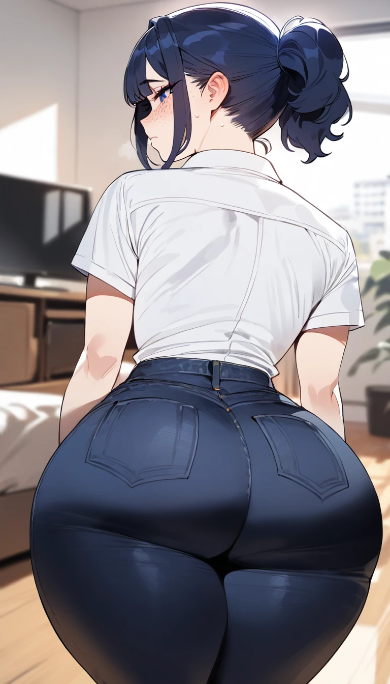 (best quality,masterpiece) thicc, 1 woman, small breasts, wide hips, thick thighs, shy, ponytail, dark blue hair, narrow waist, black jeans, white shirt,blue eyes,anxious,sweating, nervous,backview, looking at the camera, big fat ass, red ribbon, moles, freckles,Kobeni Higashiyama,short ponytail,apartment background

