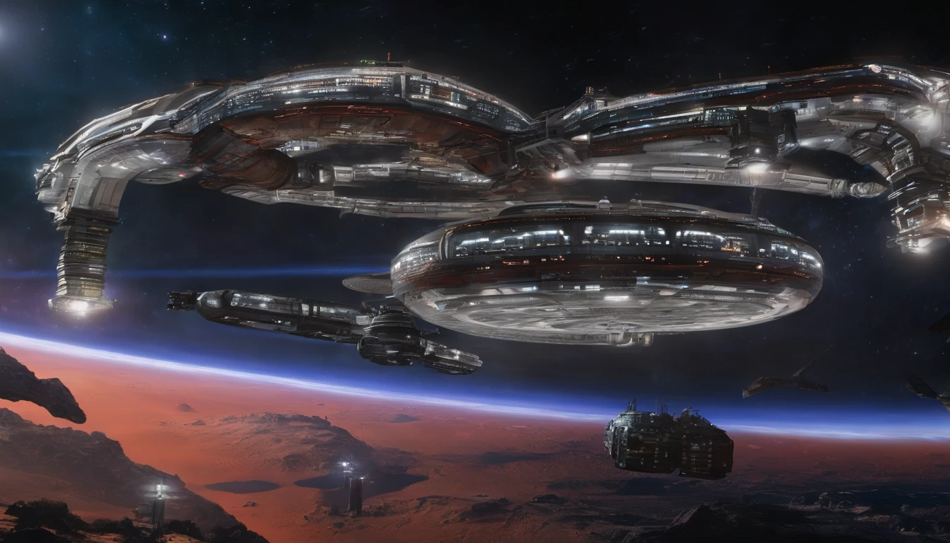 A cinematic, 3D render of a futuristic space station, inspired by Harlan Ellison, Judy Garfield & Reeves Stevens, & Gerry and Sylvia Anderson. The colossal factory shipyard is shaped like Deep Space 9, but dwarfs Babylon 5 in size. It features a perfect amalgamation of dark beach orange and metallic accents, standing out against the blackness of space. In the background, vibrant stars, a nebula, and a comet swirl together, creating a captivating visual experience.
(((The space station is massively bigger than Babylon 5, but in the shape of Deep Space 9))). (((The space station has 6 O'Neal Class space stations off in 5 directions, & 1 down the middle))).There are hundreds of starships going to & fro, from the station, at any hour of the day.