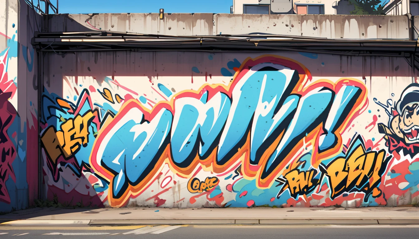 blue sky, White clouds, graffiti wall, Back ground is sea, no people,


