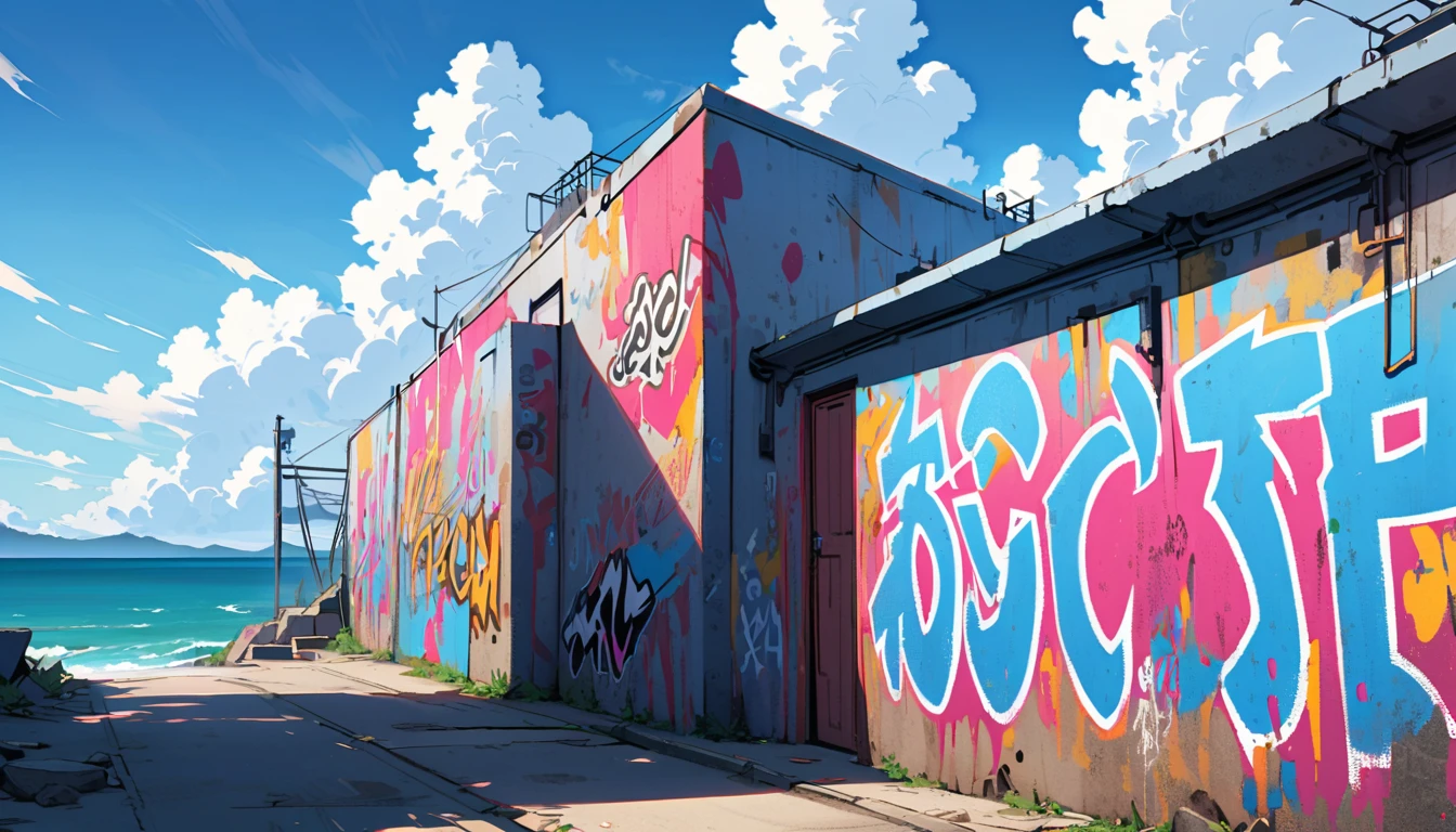 blue sky, White clouds, graffiti wall, Back ground is sea, no people,