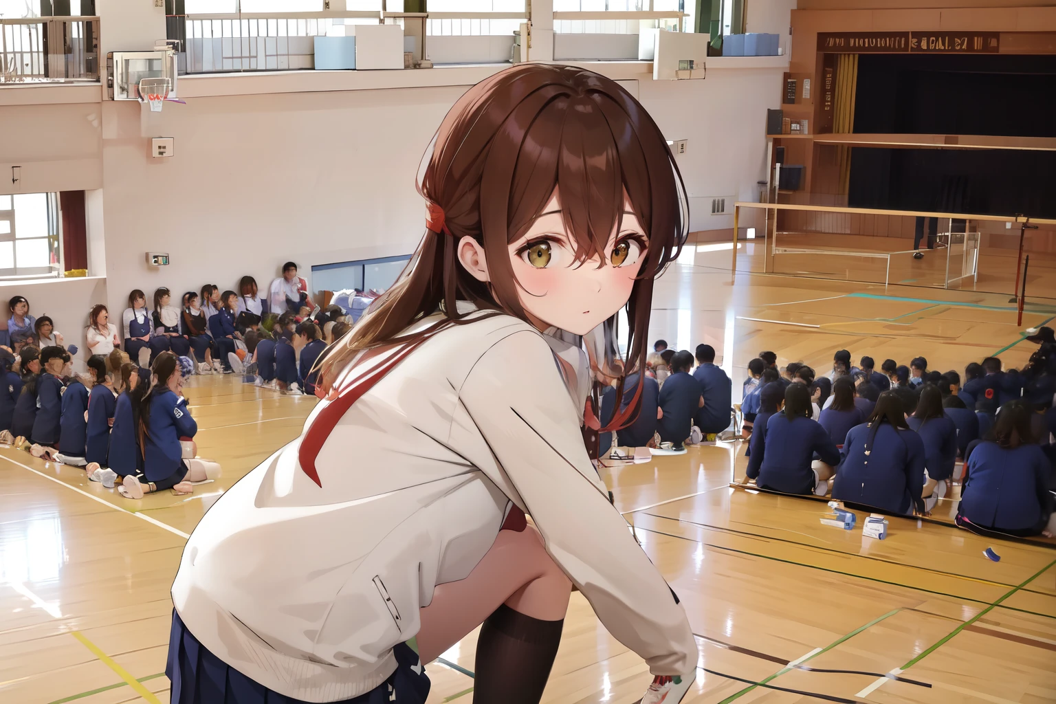 A female student in a sailor uniform is watching a physical education class in the gymnasium because she is feeling unwell