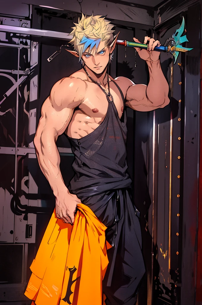 sexy mature daddy, tanned skin, big bump, darker skin, muscular, best quality, masterpiece, ultra high resolution, Detailed background, realism, illustration, single, 1 boy,Three-dimensional crotch，horns，Full chest muscles，Wearing overalls，Topless，wearing nipple rings，beefy pectorals，eight pack abs，