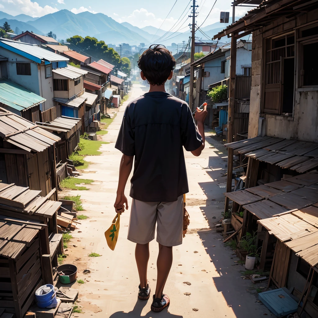 Make a high definition drawing-style image with soft, not-so-sharp strokes, depicting a brown-skinned boy from the back, the boy must be holding a soccer ball with one hand at his side. The boy must be looking at a Brazilian favela in the background, with colorful houses stacked on hills, capturing the vibrant atmosphere and reality of the community. The image should not have rich details and vibrant colors, but it must reflect both the hope and the challenges of the environment.