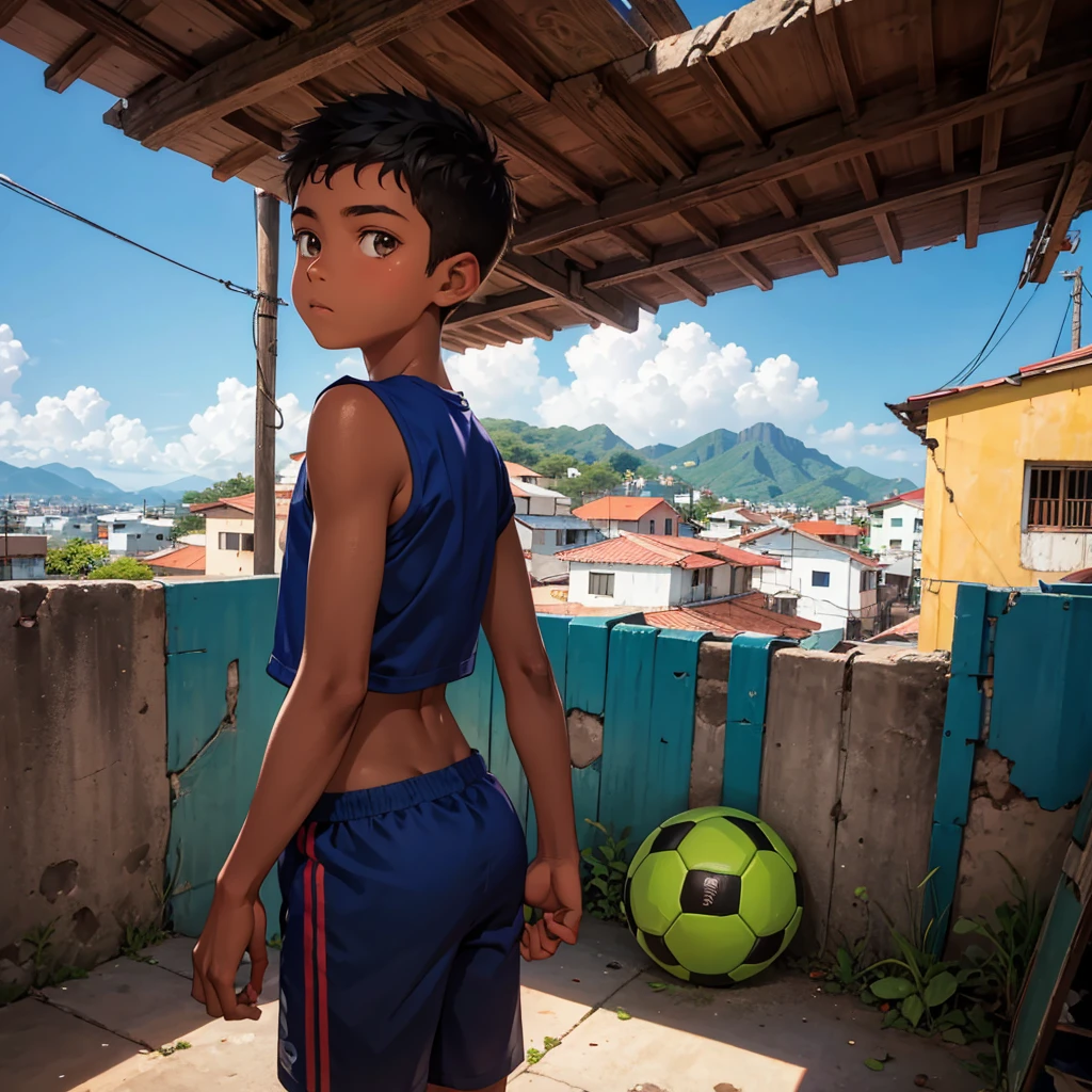 Make a high definition drawing-style image with soft, not-so-sharp strokes, depicting a brown-skinned boy from the back, the boy must be holding a soccer ball with one hand at his side. The boy must be looking at a Brazilian favela in the background, with colorful houses stacked on hills, capturing the vibrant atmosphere and reality of the community. The image should not have rich details and vibrant colors, but it must reflect both the hope and the challenges of the environment.