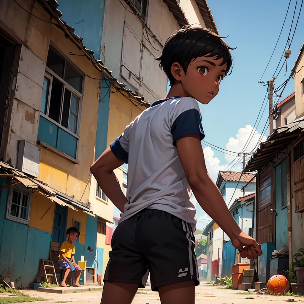 Make a high definition drawing-style image with soft, not-so-sharp strokes, depicting a brown-skinned boy from the back, the boy must be holding a soccer ball with one hand at his side. The boy must be looking at a Brazilian favela in the background, with colorful houses stacked on hills, capturing the vibrant atmosphere and reality of the community. The image should not have rich details and vibrant colors, but it must reflect both the hope and the challenges of the environment.