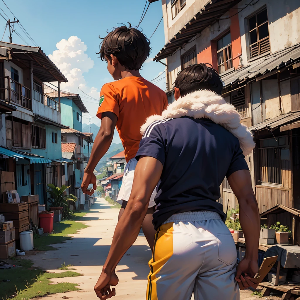 Make a high definition drawing-style image with soft, not-so-sharp strokes, depicting a brown-skinned boy from the back, the boy must be holding a soccer ball with one hand at his side. The boy must be looking at a Brazilian favela in the background, with colorful houses stacked on hills, capturing the vibrant atmosphere and reality of the community. The image should not have rich details and vibrant colors, but it must reflect both the hope and the challenges of the environment.