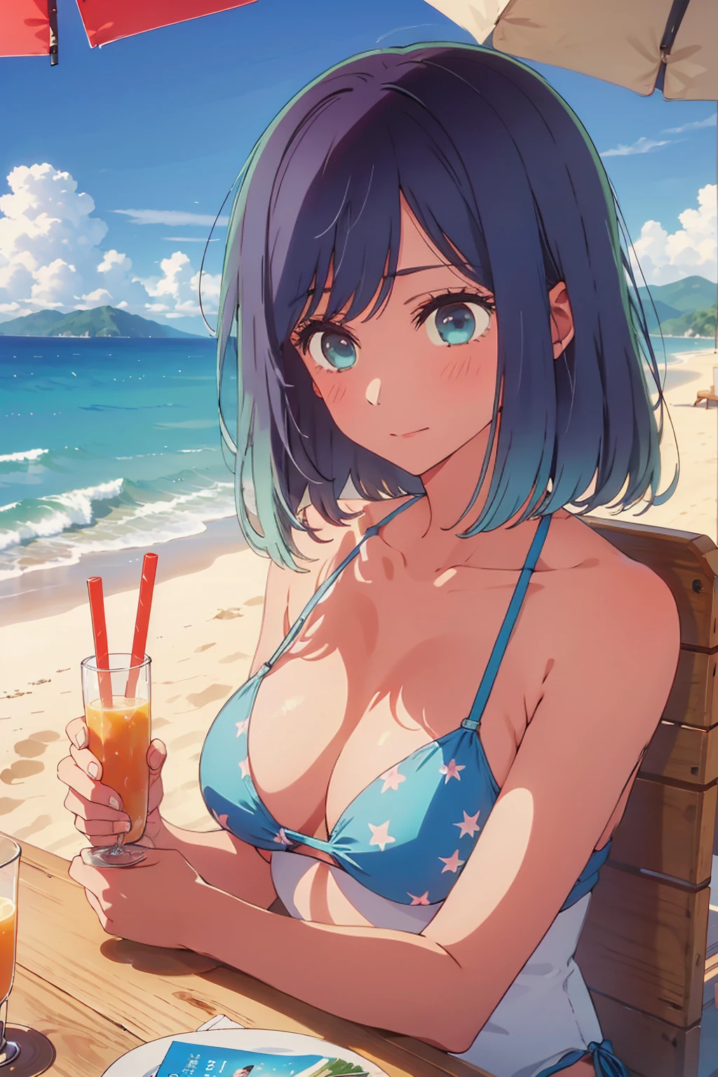 (Highest quality:1.4、masterpiece:1.4、Super detailed:1.4、8K:1.4)、((((1 person、Surprised expression、sit、Outdoor café terrace、coastal、juice、table、Sandy Beach、juiceのグラスを持つ、Plain Bikini、Night Beach、Very soft boobs、Big eyes、Very cute face))))、F cup bust、Medium breast