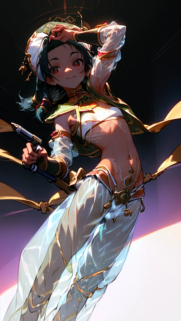 1girl, Angle from the front, The girl bends forward to show off her breasts、(Blade), (Tanned shiny black skin:1.6)、Glowing Eyes, ((grinning with a devilish smile)), ( girl), blondes、Twin tails、forehead、Small breasts, hat, ((((arabian clothes, see-through)), (microphone headband), (Areola Slip), small breasts, (shorts), (jewelry)))、desert, ((sahara))、(((footjob))), 1boy, 1penis, under hair, ((eject cum)), (sexy pose), ((kicking)), One leg raised、