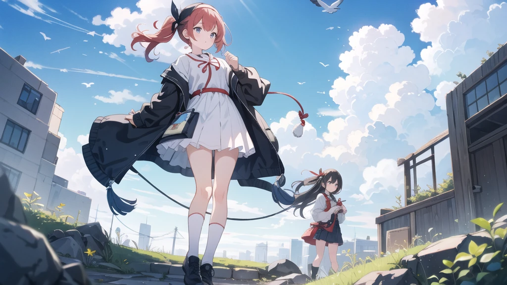 High definition,4k,Two Girls,Two good friends,null,cloud,Outdoor,Black Hair,bird,Upward view,blue null,White socks,Daytime,building,Long sleeve,leaf,Long Hair,red head band,Pump rope,head band,bangs,cloudy null,from_Under,wide_shot,nullに浮いている二人,青nullの中を泳いでいる二人の女の子