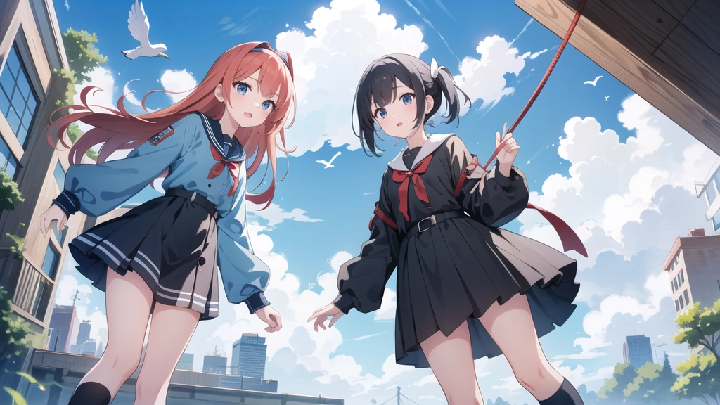 High definition,4ｋ,Two Girls,Two good friends,null,cloud,Outdoor,Black Hair,bird,Upward view,blue null,White socks,Daytime,building,Long sleeve,leaf,Long Hair,red head band,Pump rope,head band,bangs,cloudy null,from_Under,wide_shot,nullに浮いている二人,青nullの中を泳いでいる二人の女の子