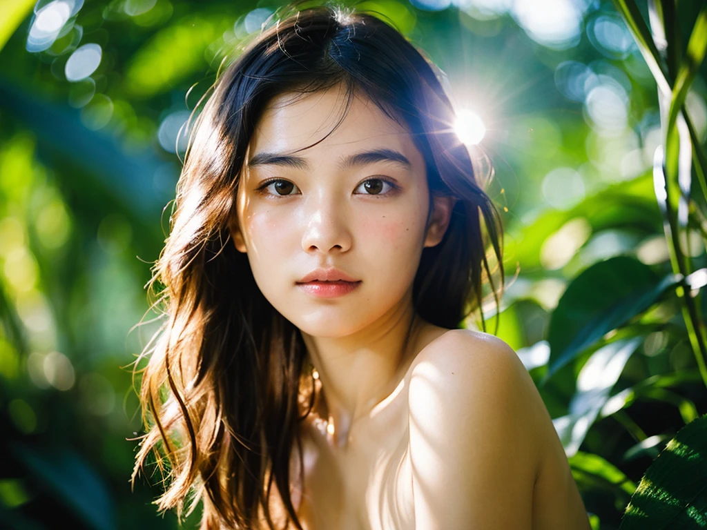 {top-quality}, {{​masterpiece}}, {extremely delicate and beautiful},Outstanding light and shadow, highly detailed wallpaper,Clear and bright sunlight,1girl in,lightly dressed、gaze looking beyond,red blush,Strong sunshine,delicate and messy hair,realistic skin textures, Pronounced pores and skin wrinkles,tropical rainforest,((strong light shines on the face)), The upper part of the body, naked portrait, nude photography, detailed armpit, pussy pubic hair, shiny nipple 