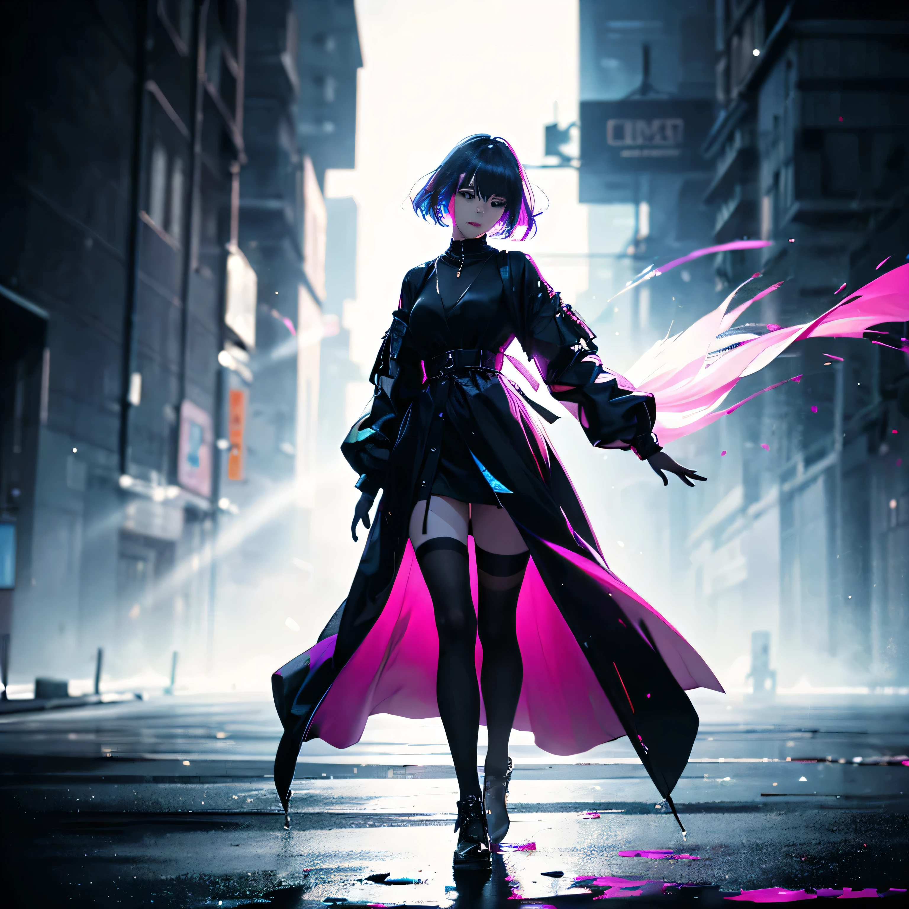 Une belle fille, UHD (ultra details) See the viewer in hip-hop style tenue de ville, different, colorful, long, Highly colored hair 🌈, dark clothes, White stardust in the dark parts, absurdities, high resolution, Ultra detailed, (1fille: 1.3), Vibrant colors, artistic flair, light leaks, Onirich environment; BREAK, Vibrant colors, flou artistique, light leaks, Ambiance omnirique, experimental charm, attrait nostalgique BREAK color field painting, Large expanses of color, abstract expressionism, audacieux teintes, emotional impact, atmospheric depth, minimalist approach, full body, show body, show legs, shows every person in the photo