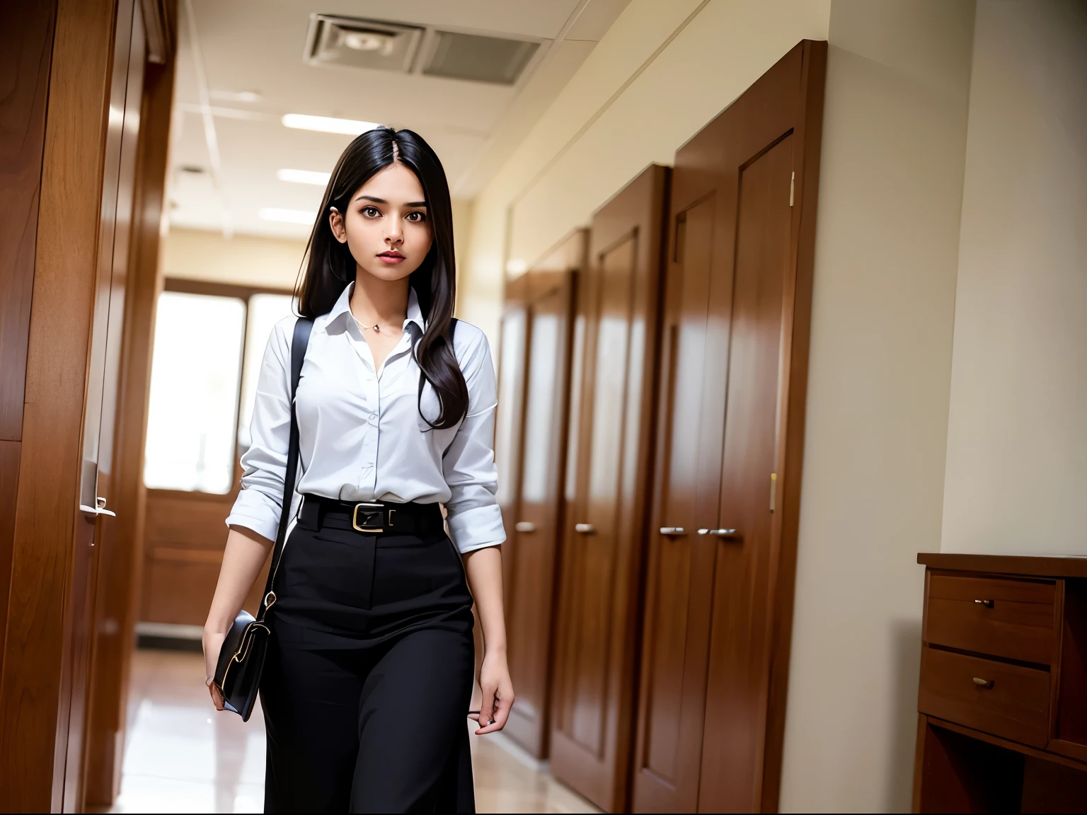 ((best quality)), ((masterpiece)), (detailed), A young Indian woman walking in an office setting with a worried expression on her face and a briefcase in her hand. The women is not looking at camera