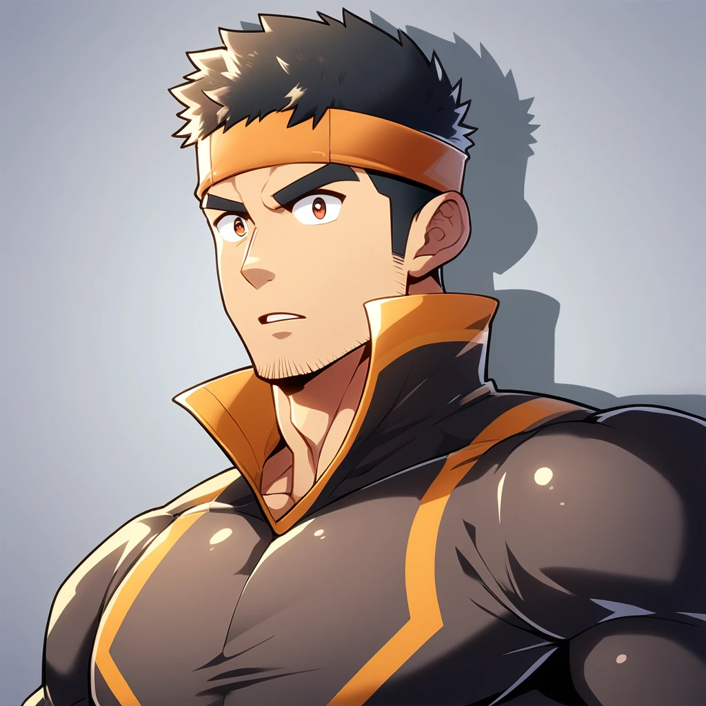 anime characters：Gyee, Muscle Sports Student, Manliness, sports headband, male focus, Cute boy with big eyes, Brown high collar long sleeve tight T-shirt, Slightly transparent material, Very tight, Round, full and perky chest muscles, Slightly transparent, muscular male, muscular, only, Upper body, alone, Black short hair, Thick eyebrows, stubble, Cute little eyes, Brown-red pupils, Grey background, simple background, amazing quality, best aesthetics, Ridiculous, crew cut, parted lips, v-shaped eyebrows, jitome, drop shadow, best quality