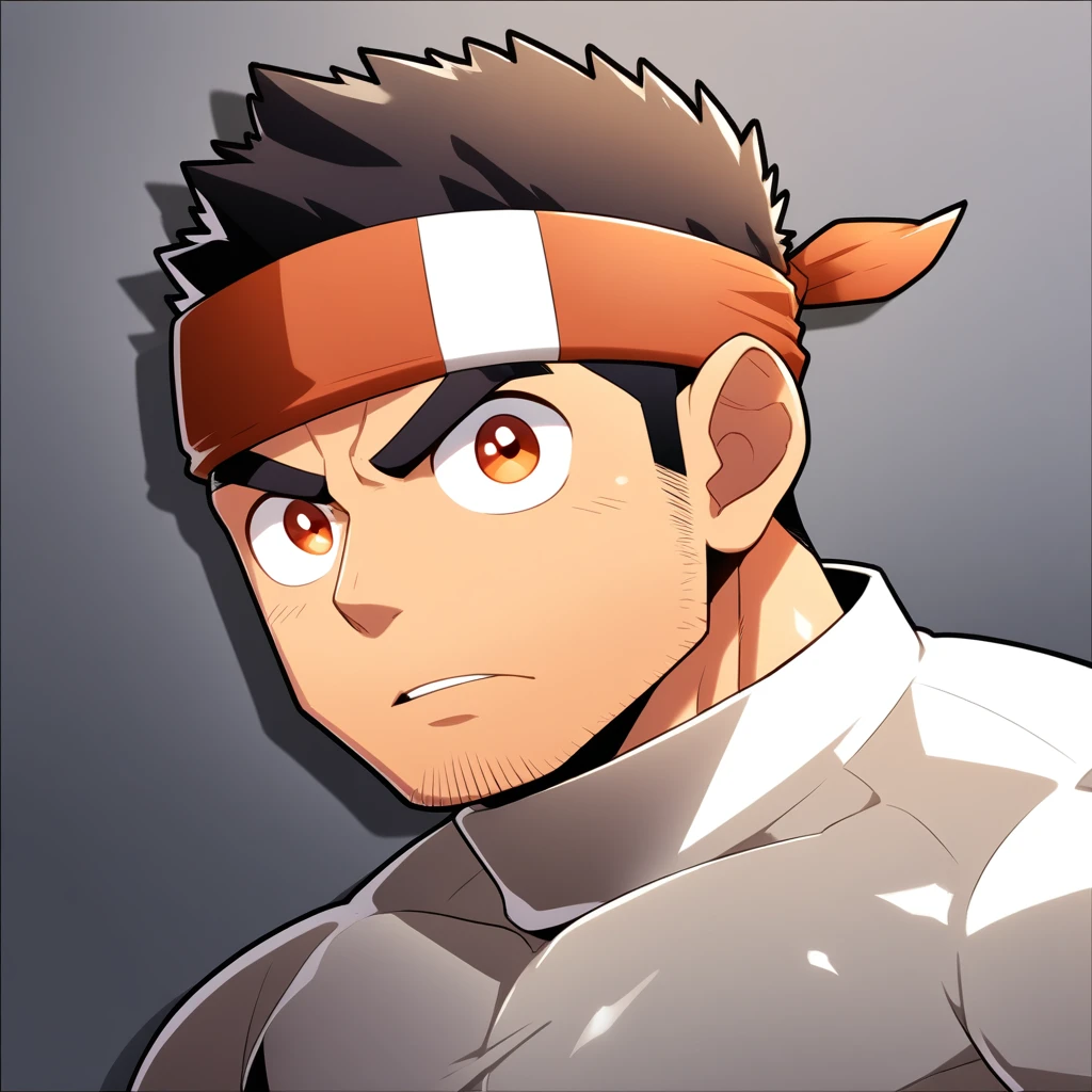 anime characters：Gyee, Muscle Sports Student, Manliness, sports headband, male focus, Cute boy with big eyes, Brown high collar long sleeve tight T-shirt, Slightly transparent material, Very tight, Round, full and perky chest muscles, Slightly transparent, muscular male, muscular, only, Upper body, alone, Black short hair, Thick eyebrows, stubble, Cute little eyes, Brown-red pupils, Grey background, simple background, amazing quality, best aesthetics, Ridiculous, crew cut, parted lips, v-shaped eyebrows, jitome, drop shadow, best quality