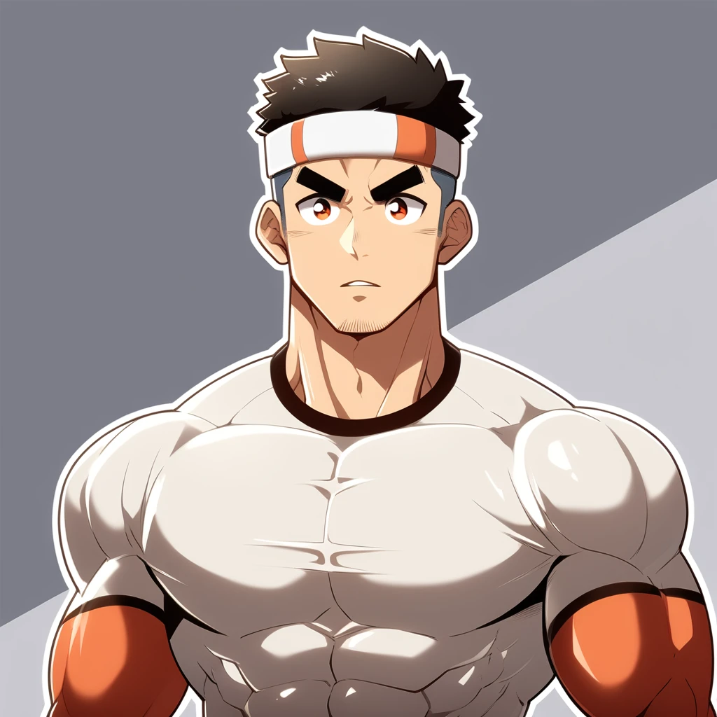 anime characters：Gyee, Muscle Sports Student, Manliness, sports headband, male focus, Cute boy with big eyes, Brown high collar long sleeve tight T-shirt, Slightly transparent material, Very tight, Round, full and perky chest muscles, Slightly transparent, muscular male, muscular, only, Upper body, alone, Black short hair, Thick eyebrows, stubble, Cute little eyes, Brown-red pupils, Grey background, simple background, amazing quality, best aesthetics, Ridiculous, crew cut, parted lips, v-shaped eyebrows, jitome, drop shadow, best quality