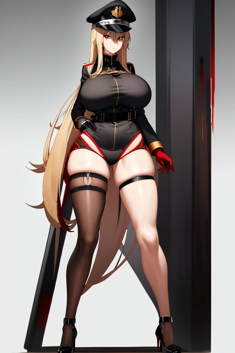 A woman，Long blond hair，Red eyes，Wear a black military cap，Wearing a black bikini，Long legs，Nipple protrusion，Twenties，exposed，Black high heels，Huge breasts，超级Huge breasts，Standing