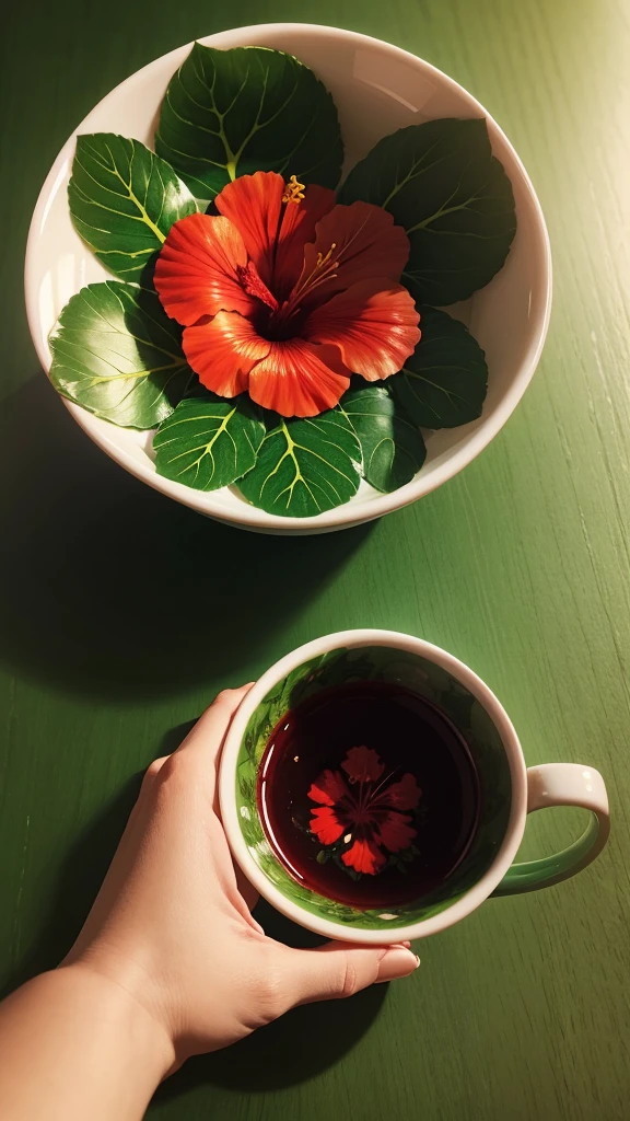 Hibiscus leaves tea cup with the forest background