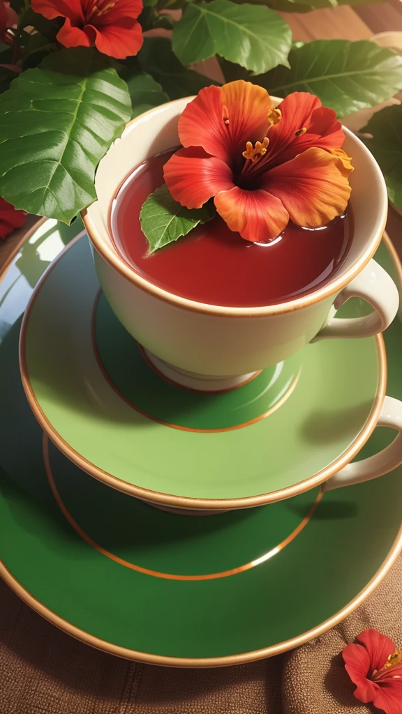 Hibiscus leaves tea cup with the forest background