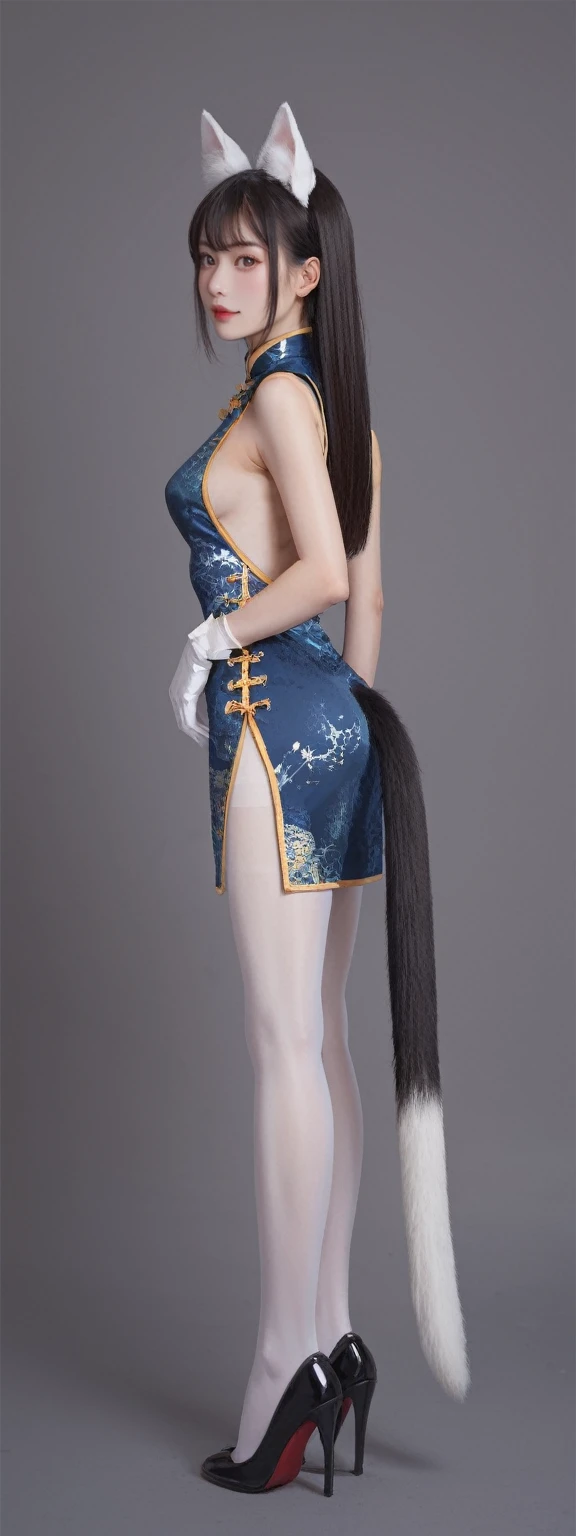 realistic,score_9, score_8_up, score_7_up,
1girl, solo, long hair, gloves, dress, animal ears, standing, tail, full body, gloves, high heels, chinese clothes, footwear, china dress, white pantyhose, from side,SideBoob,