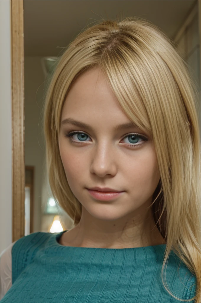 blonde de type européenne, voir italienne, sans maquillage avec les yeux entre le bleu et le vert