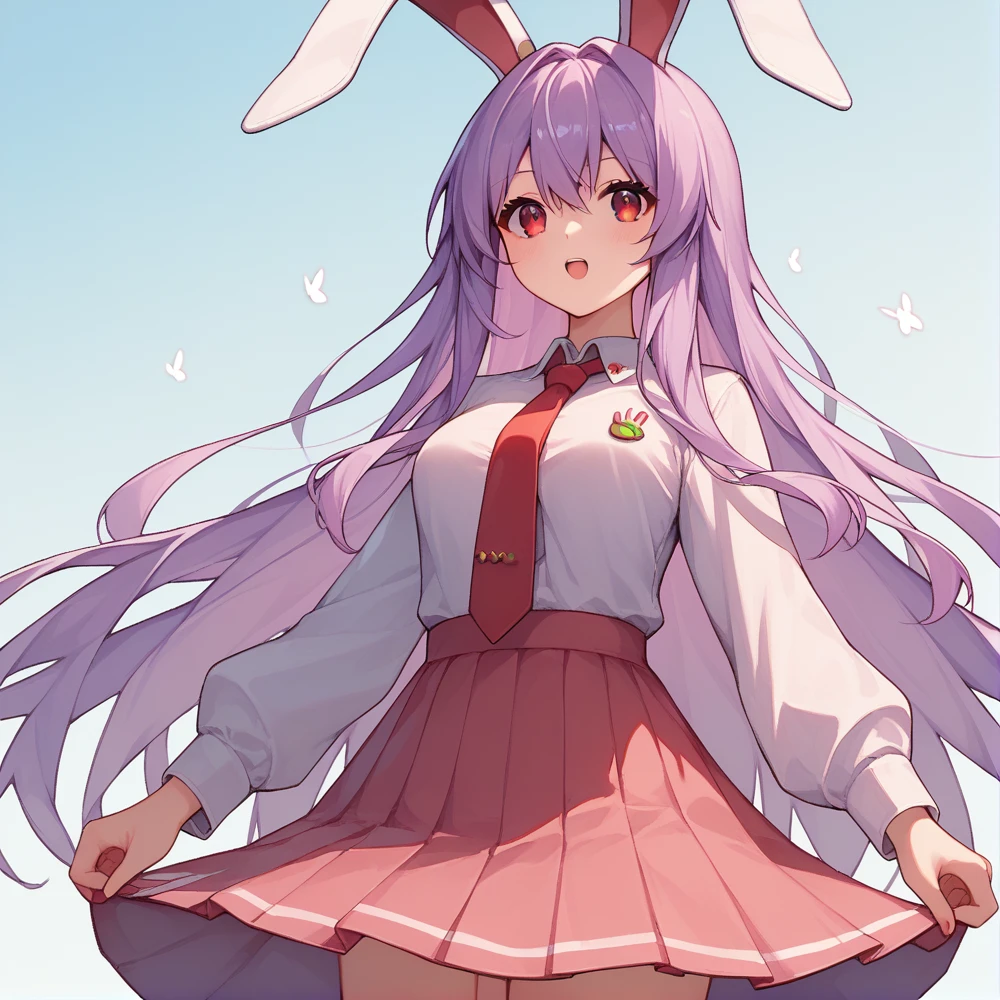 score_9, score_8_up, score_8, score_9, 1 girl,  source_anime,  reisen udongein inaba, purple hair, red eyes, rabbit ears, rabbit girl, long hair, white shirt, red necktie, priets skirt,
whole body,
rating₋questionable