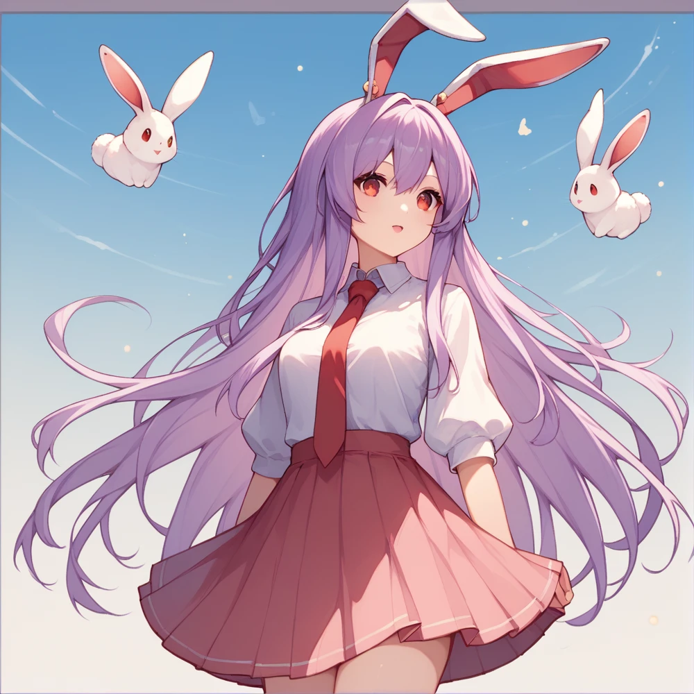 score_9, score_8_up, score_8, score_9, 1 girl,  source_anime,  reisen udongein inaba, purple hair, red eyes, rabbit ears, rabbit girl, long hair, white shirt, red necktie, priets skirt,
whole body,
rating₋questionable