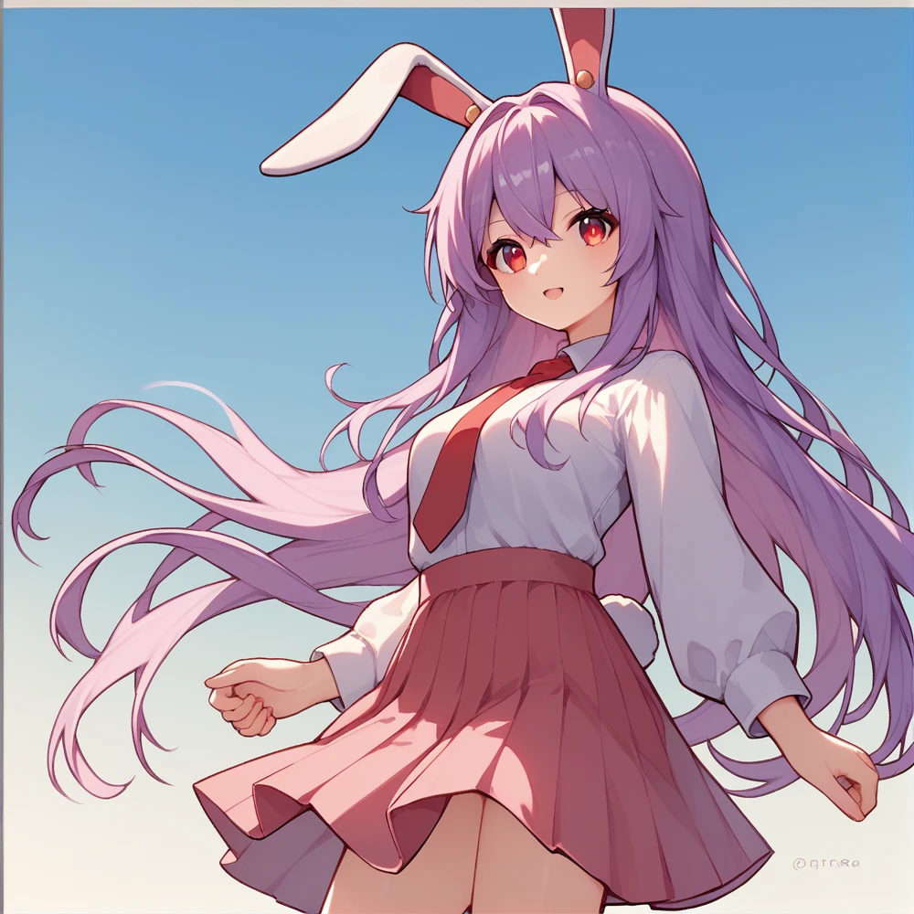 score_9, score_8_up, score_8, score_9, 1 girl,  source_anime,  reisen udongein inaba, purple hair, red eyes, rabbit ears, rabbit girl, long hair, white shirt, red necktie, priets skirt,
whole body,
rating₋questionable